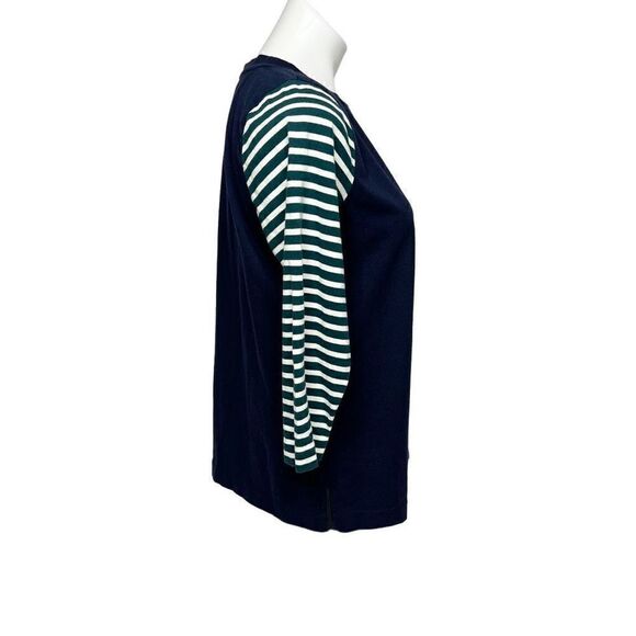 J. Crew 3/4 sleeve navy blue top with green and white striped sleeves size M - Picture 4 of 10